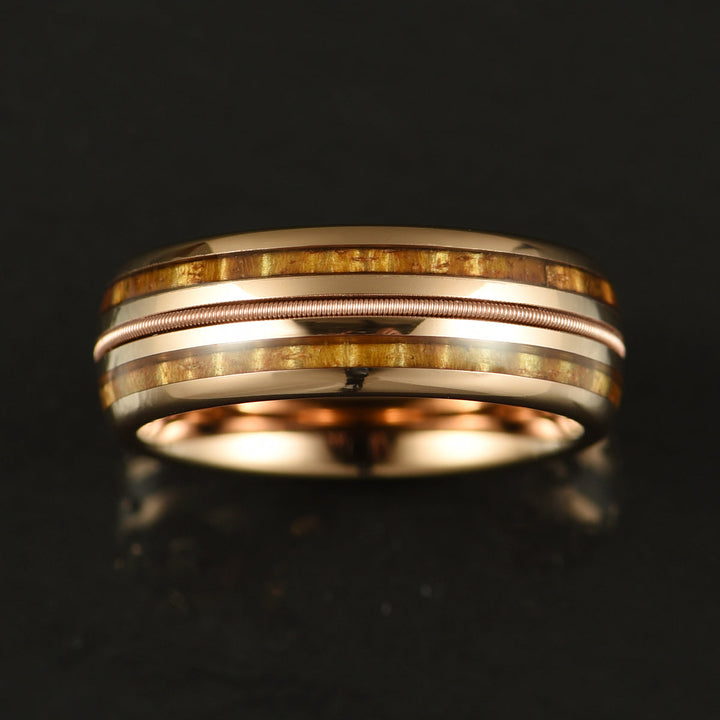 Hawaiian Koa Wood & Guitar String Rose Tungsten Mens Wedding Ring 8MM - Rings By Pristine