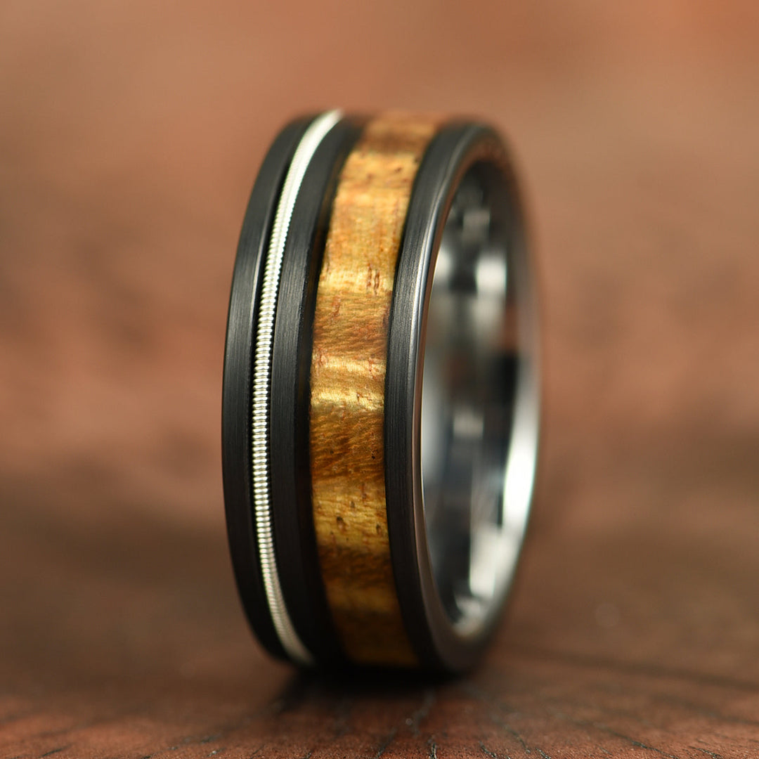 Hawaiian Koa Wood Guitar String Tungsten Mens Wedding Band 8MM