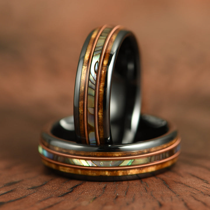 Hawaiian Koa Wood Abalone & Guitar String Tungsten Mens Wedding Ring 6MM - Rings By Pristine