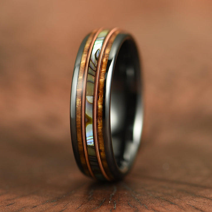 Hawaiian Koa Wood Abalone & Guitar String Tungsten Mens Wedding Ring 6MM - Rings By Pristine