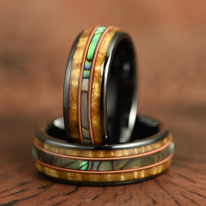 Hawaiian Koa Wood Abalone & Guitar String Tungsten Mens Wedding Ring 8MM - Rings By Pristine