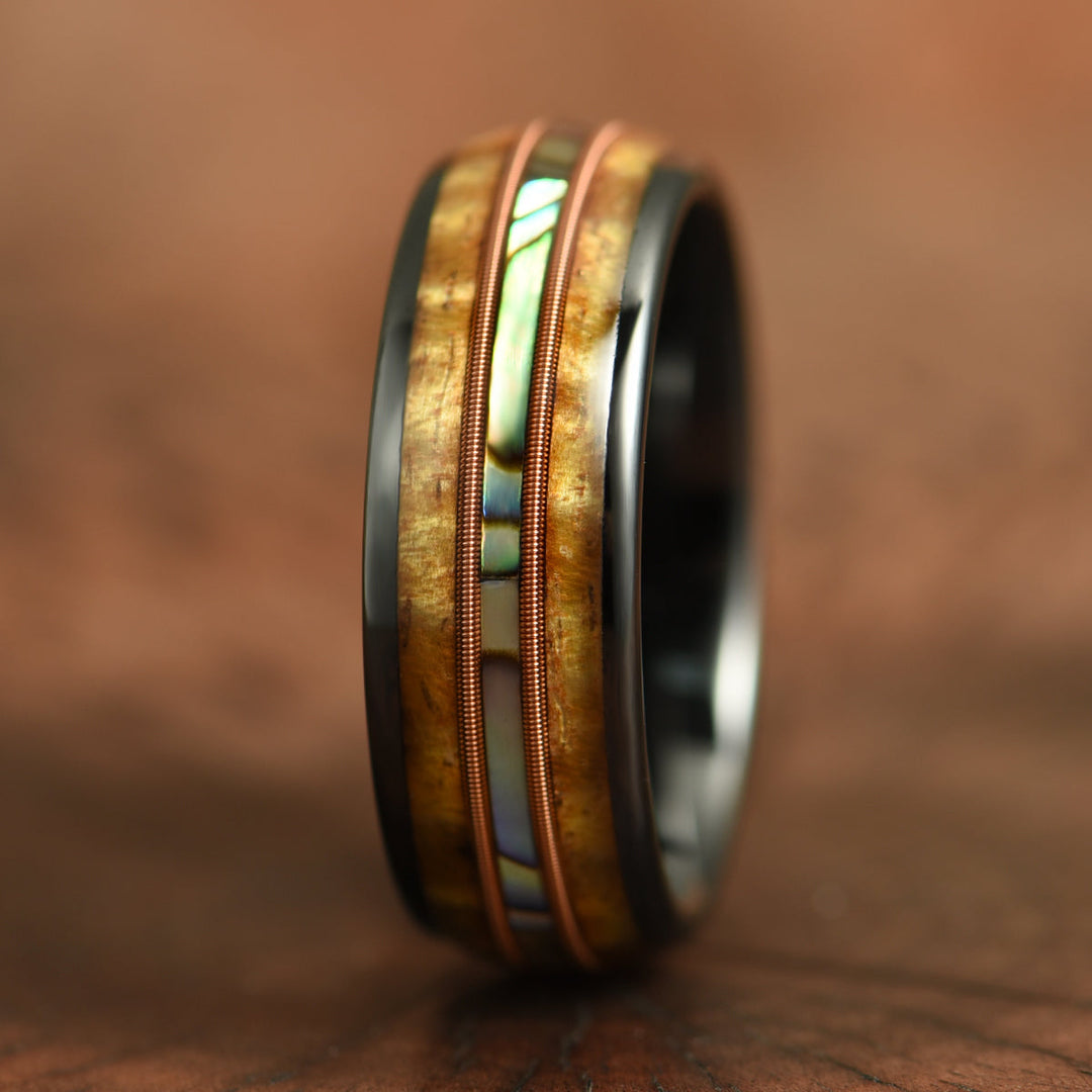 Hawaiian Koa Wood Abalone & Guitar String Tungsten Mens Wedding Ring 8MM - Rings By Pristine