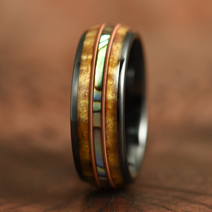 Hawaiian Koa Wood Abalone & Guitar String Tungsten Mens Wedding Ring 8MM - Rings By Pristine