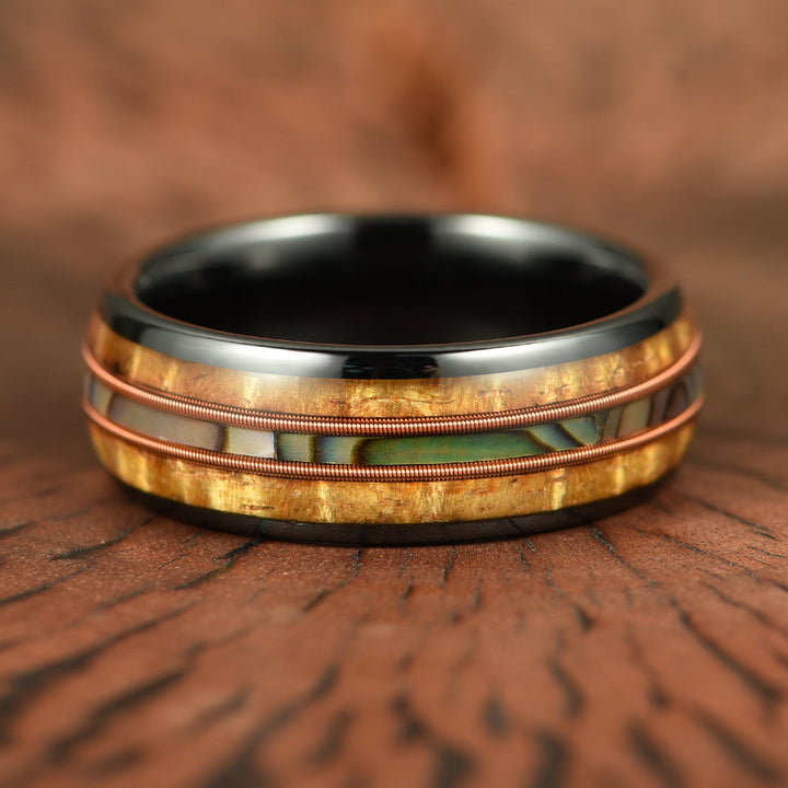 Hawaiian Koa Wood Abalone & Guitar String Tungsten Mens Wedding Ring 8MM - Rings By Pristine
