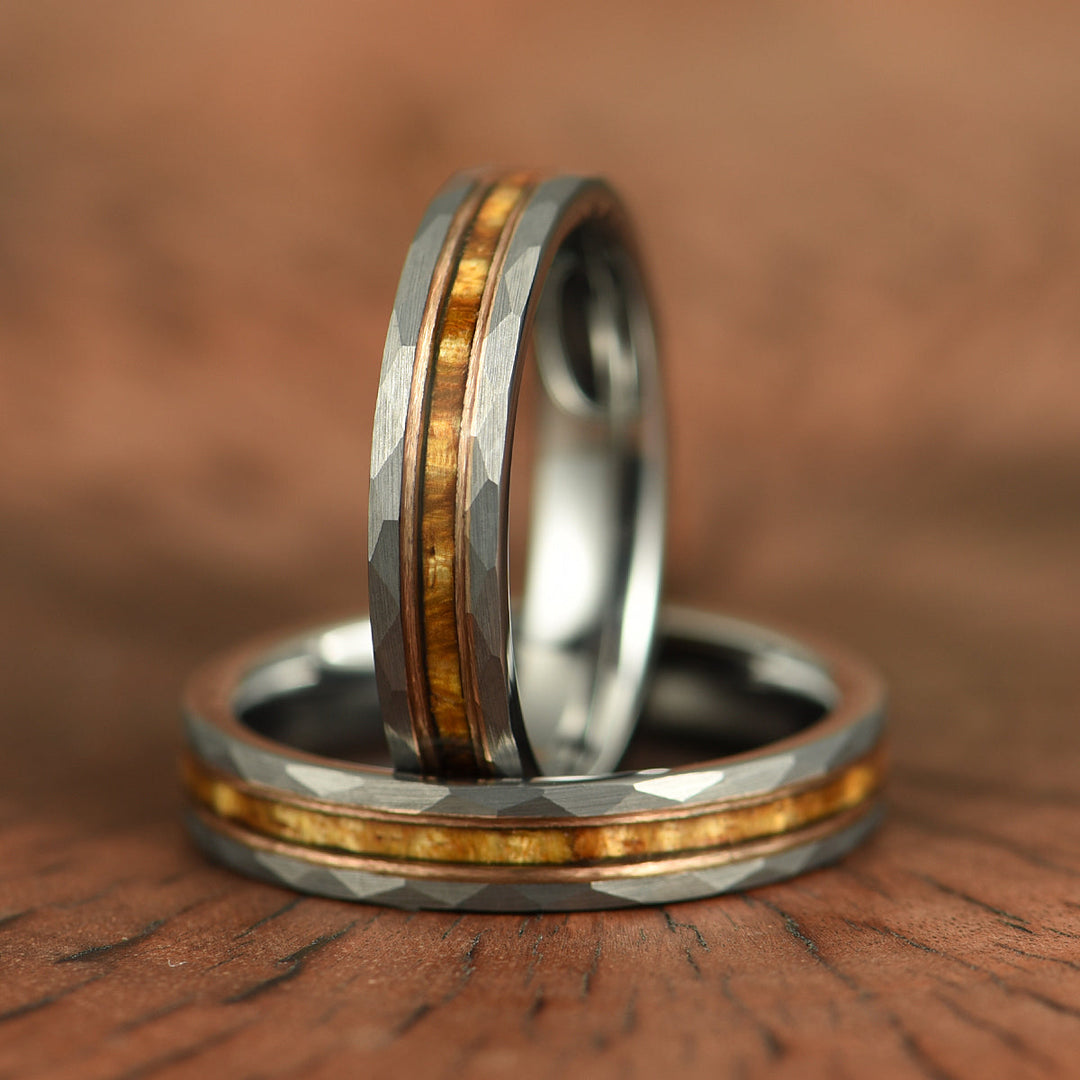 Hawaiian Koa Wood Abalone & Guitar String Tungsten Women's Wedding Ring 4MM - Rings By Pristine