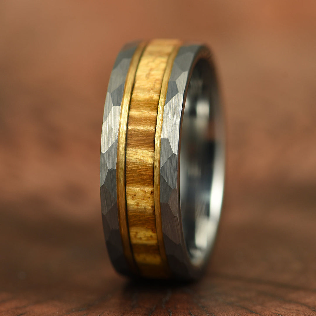 Hawaiian Koa Wood Hammered Tungsten Mens Wedding Band 8MM