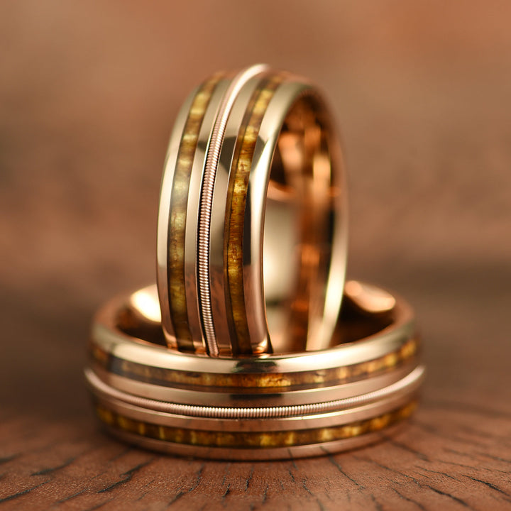 Hawaiian Koa Wood & Guitar String Rose Tungsten Mens Wedding Ring 8MM - Rings By Pristine