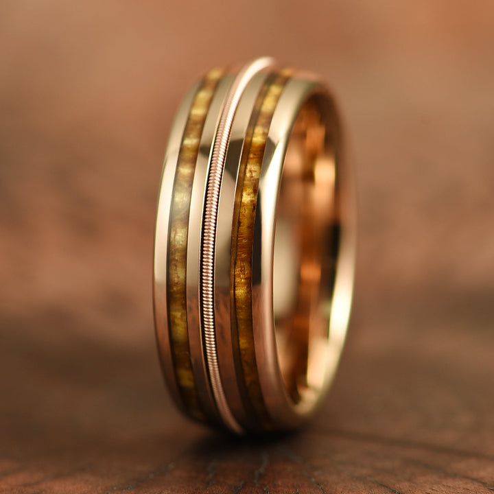 Hawaiian Koa Wood & Guitar String Rose Tungsten Mens Wedding Ring 8MM - Rings By Pristine