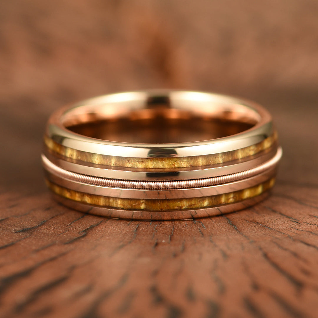 Hawaiian Koa Wood & Guitar String Rose Tungsten Mens Wedding Ring 8MM - Rings By Pristine