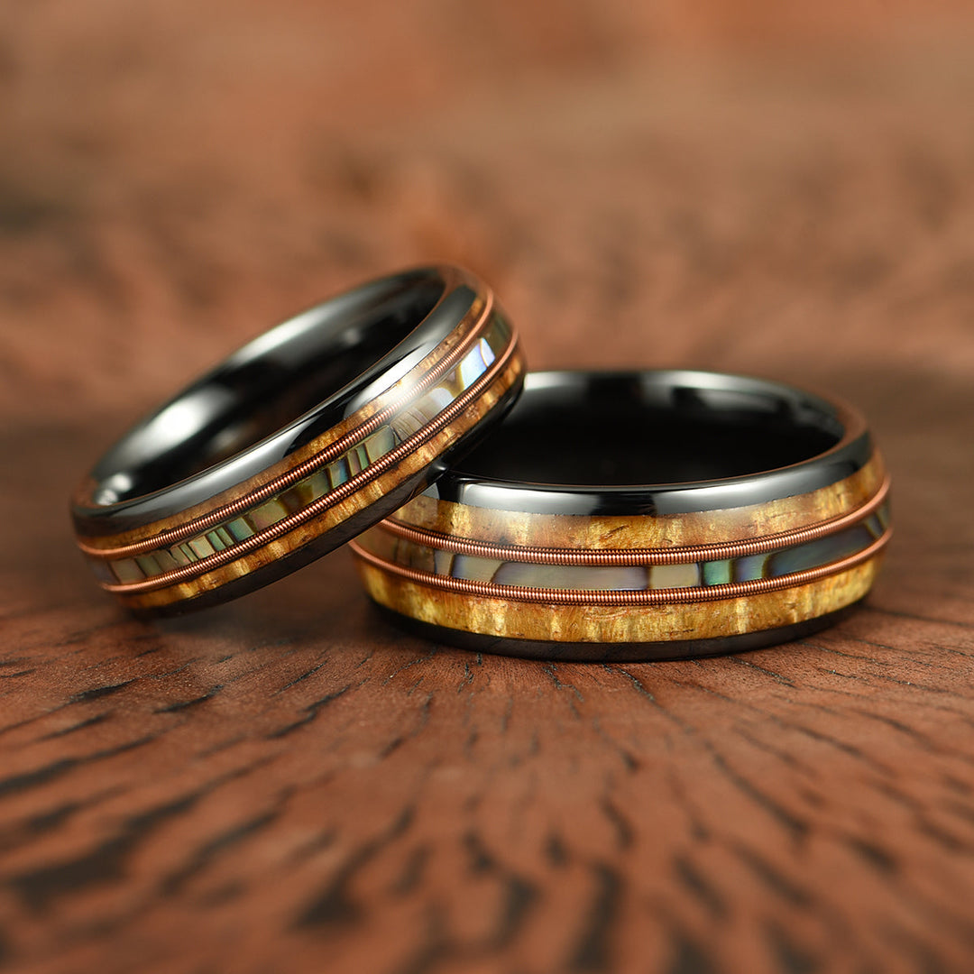 Hawaiian Koa Wood Abalone & Guitar String Tungsten Mens Wedding Ring 6MM - Rings By Pristine