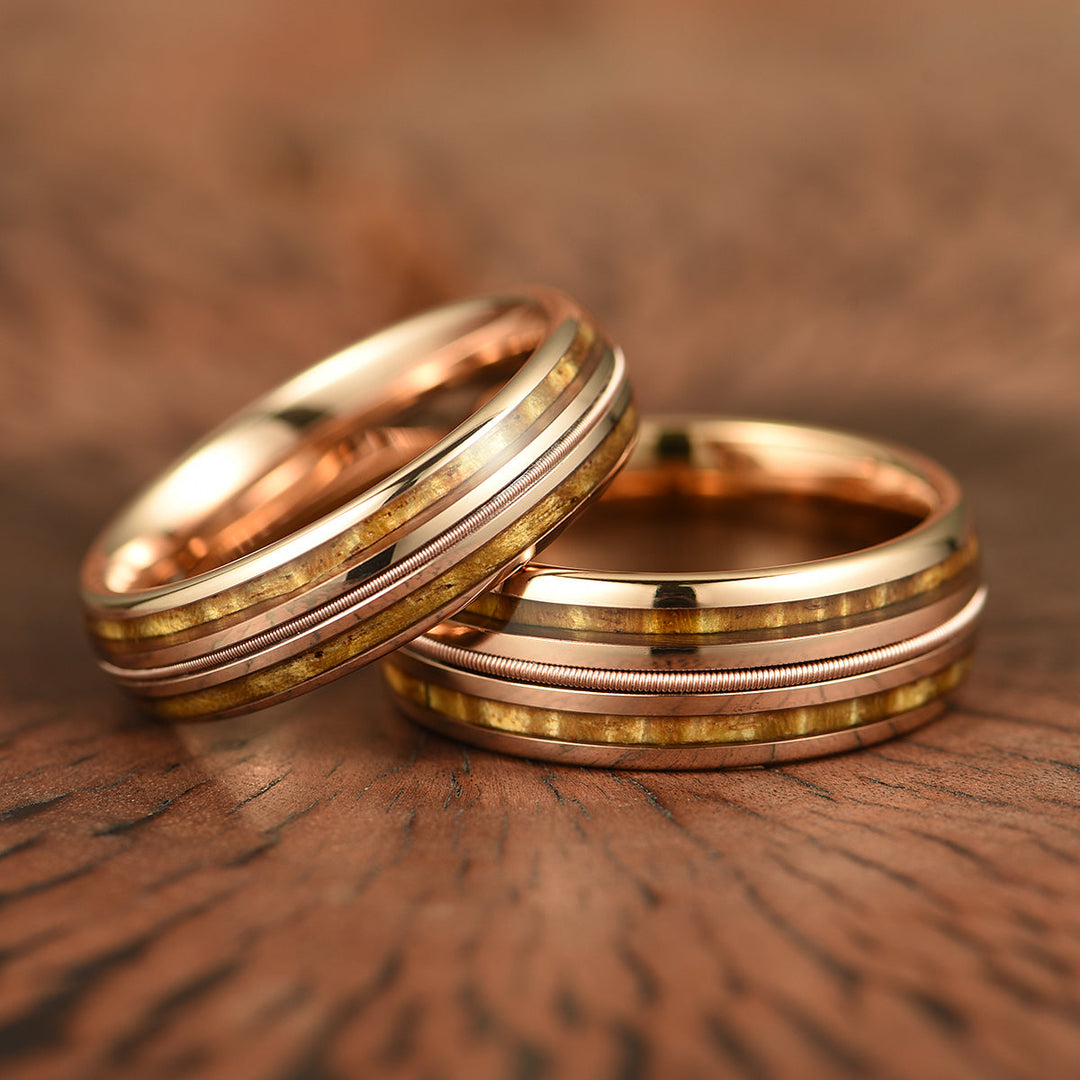 Hawaiian Koa Wood & Guitar String Rose Tungsten Mens Wedding Ring 8MM - Rings By Pristine