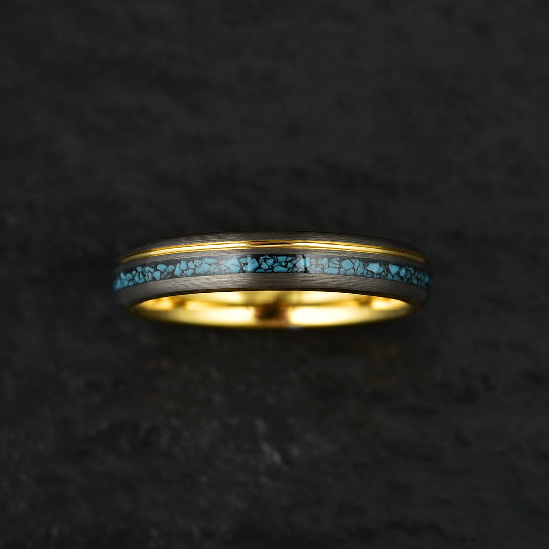 Yellow Tungsten Crushed Turquoise Women's Wedding Band 4MM - Rings By Pristine