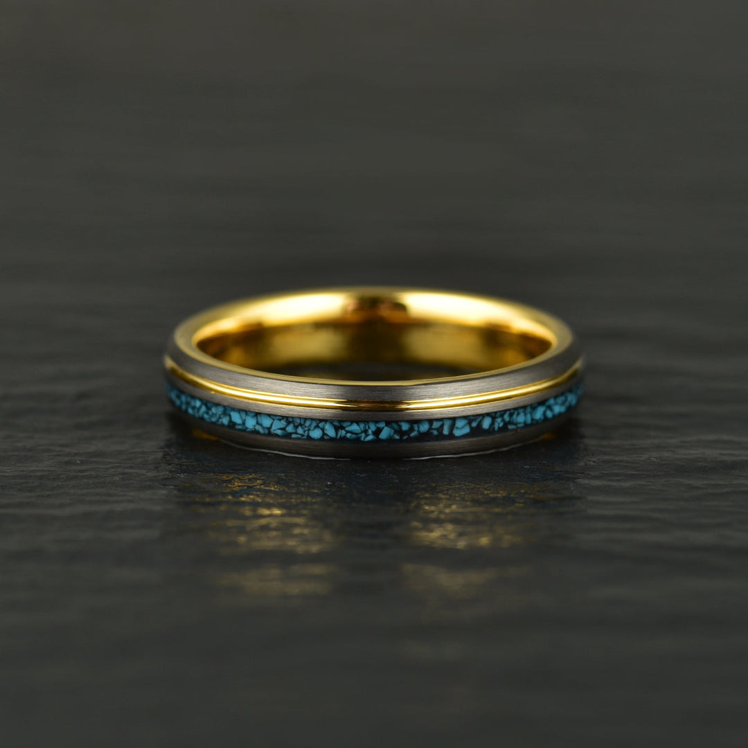 Yellow Tungsten Crushed Turquoise Women's Wedding Band 4MM - Rings By Pristine