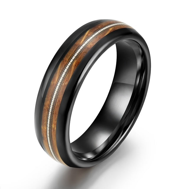 Whiskey Barrel Wood Guitar String Black Tungsten Women's Wedding Band 4MM - Rings By Pristine