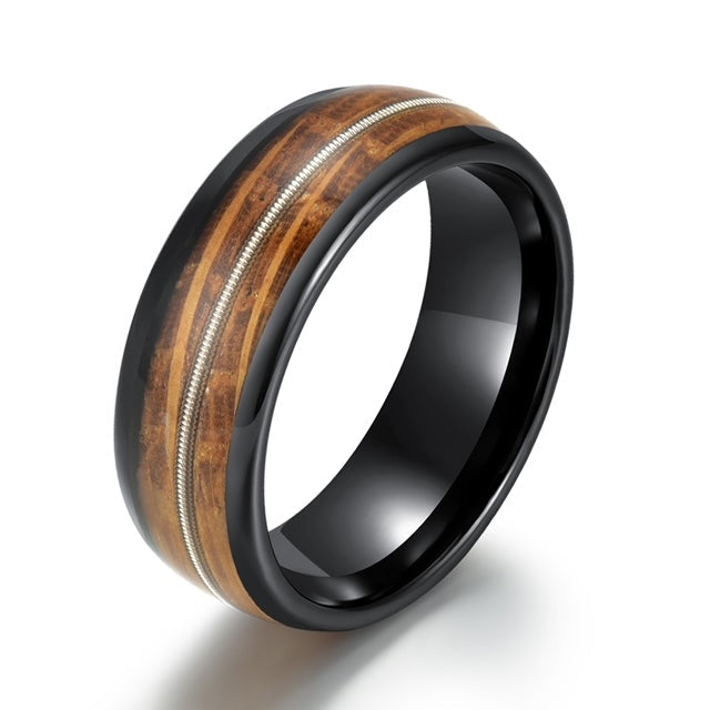 Whiskey Barrel Wood Guitar String Black Tungsten Men's Wedding Band 8MM - Rings By Pristine