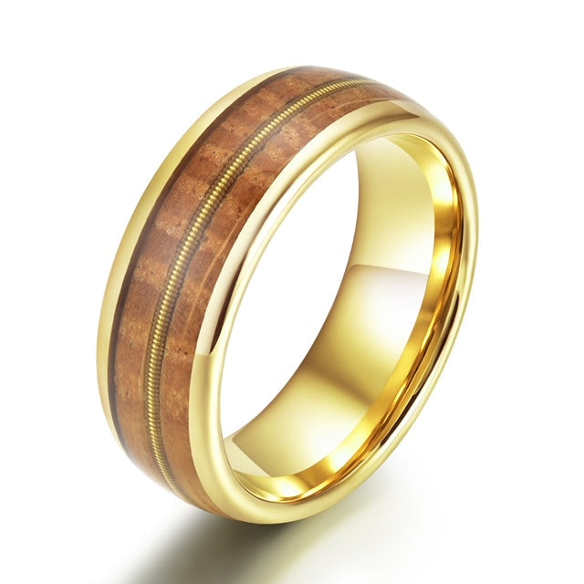 Whiskey Barrel Wood Guitar String Yellow Tungsten Men's Wedding Band 8MM - Rings By Pristine
