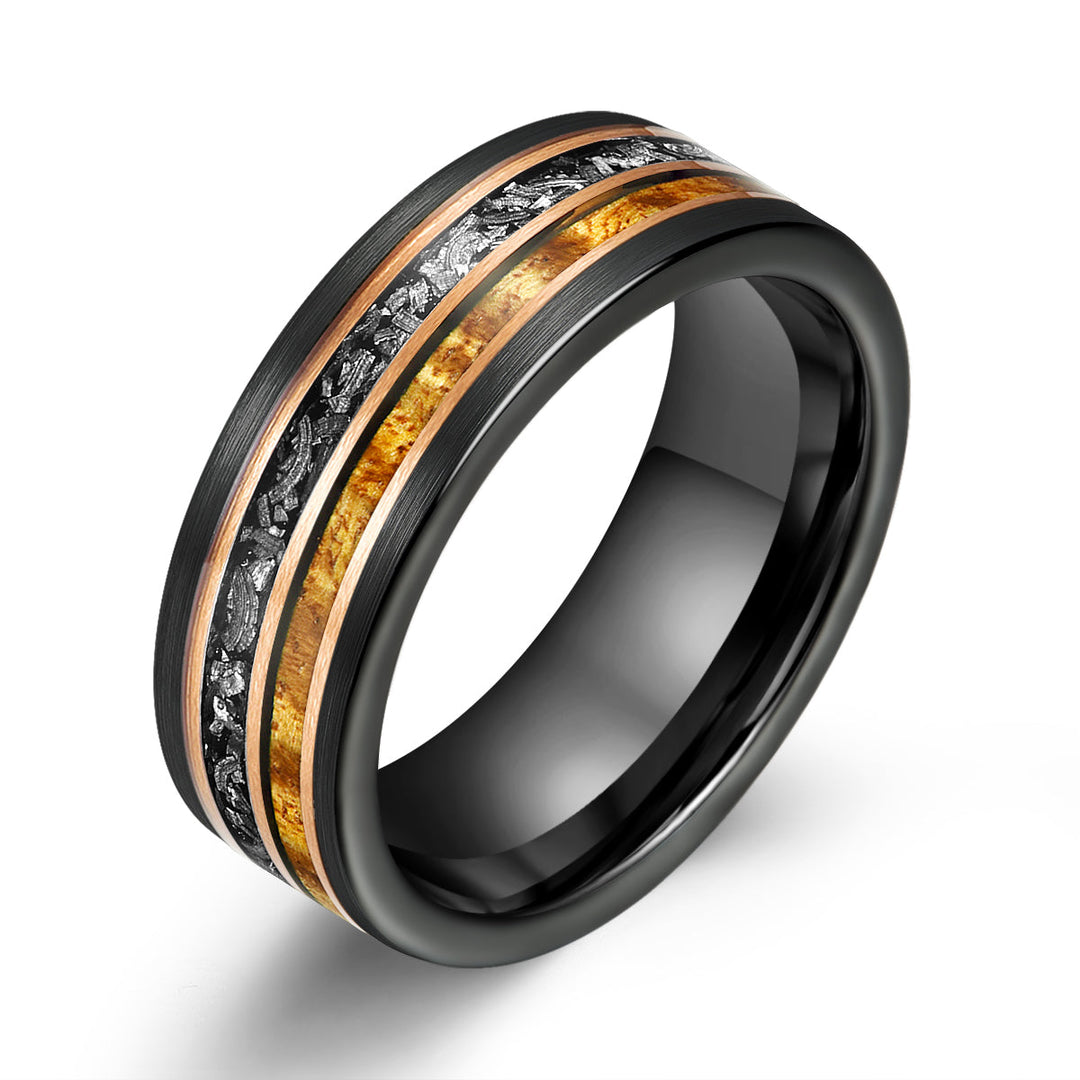Hawaiian Koa Wood & Meteorite Black Tungsten Mens Wedding Band 8MM - Rings By Pristine