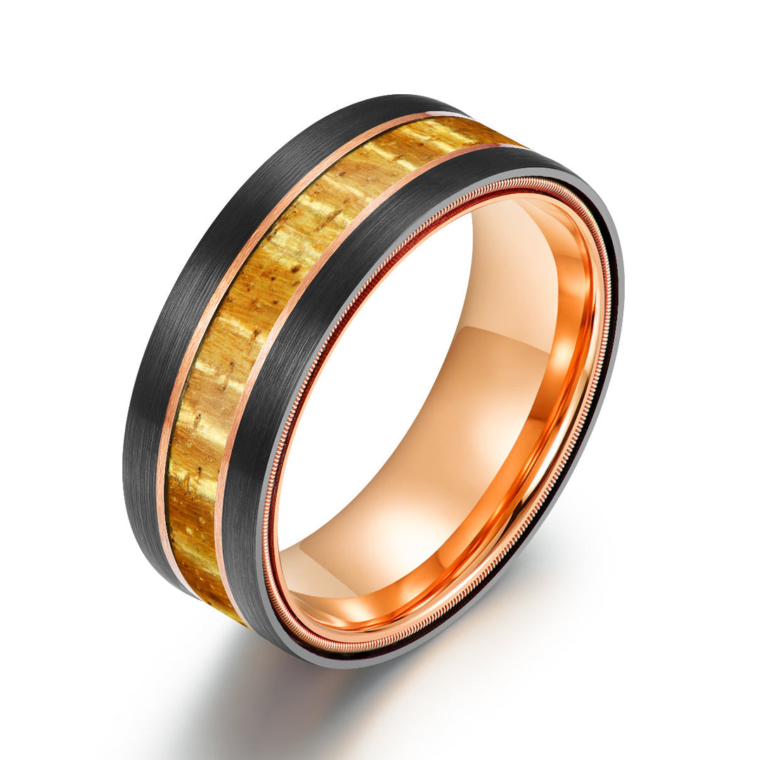 Hawaiian Koa Wood & Guitar String Black & Rose Tungsten Mens Wedding Ring 8MM - Rings By Pristine