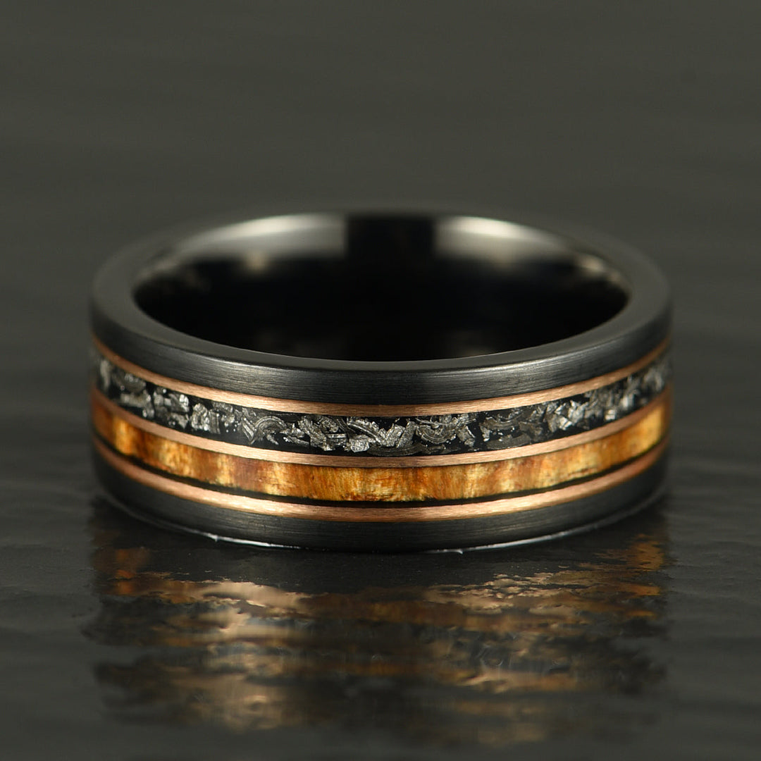 Hawaiian Koa Wood & Meteorite Black Tungsten Mens Wedding Band 8MM - Rings By Pristine