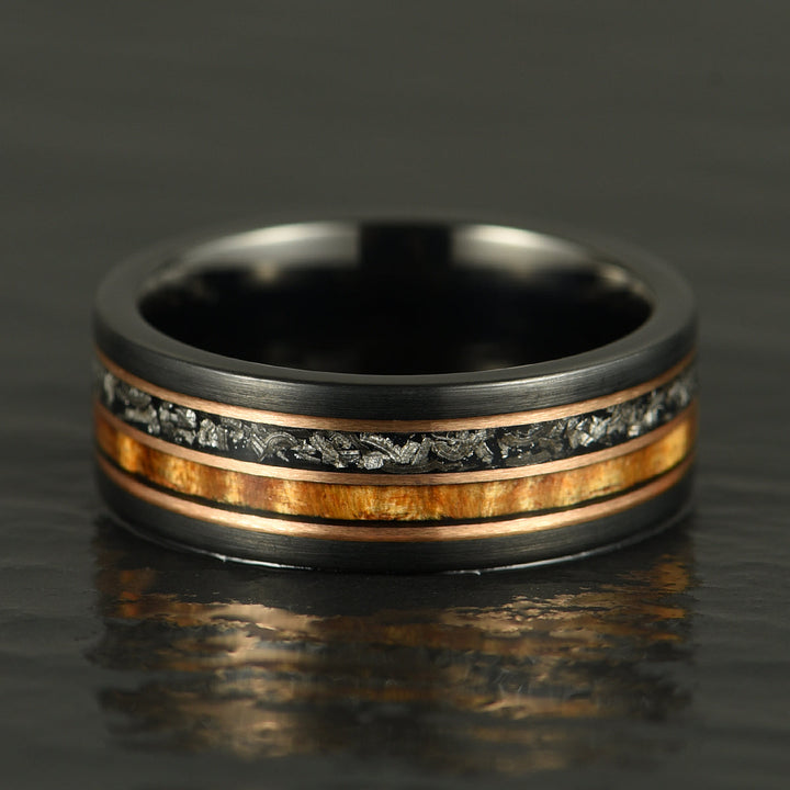 Hawaiian Koa Wood & Meteorite Black Tungsten Mens Wedding Band 8MM - Rings By Pristine