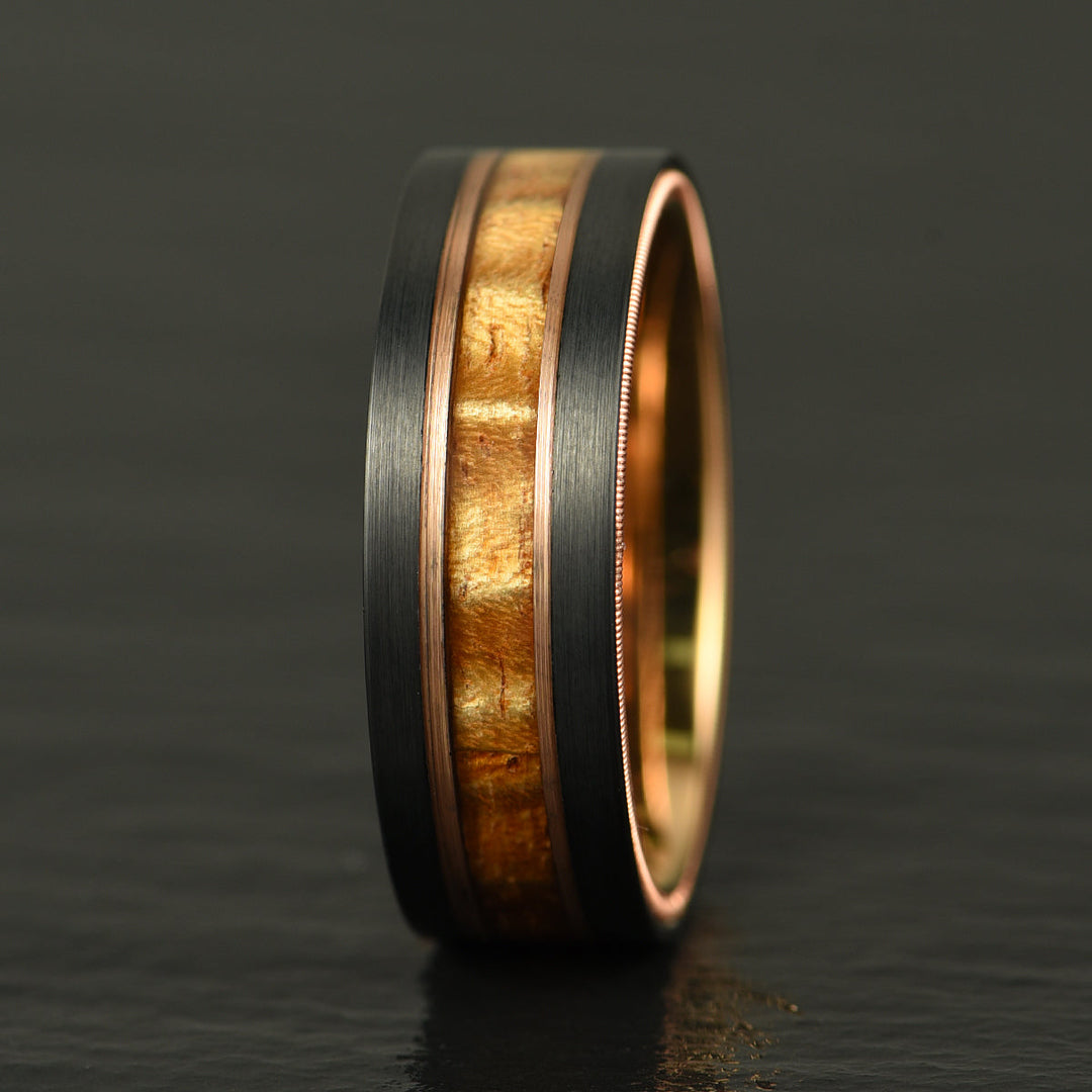 Hawaiian Koa Wood & Guitar String Black & Rose Tungsten Mens Wedding Ring 8MM - Rings By Pristine