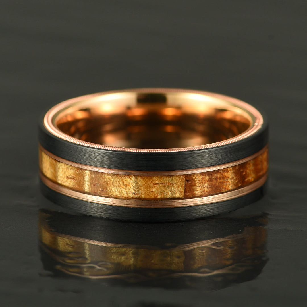Hawaiian Koa Wood & Guitar String Black & Rose Tungsten Mens Wedding Ring 8MM - Rings By Pristine