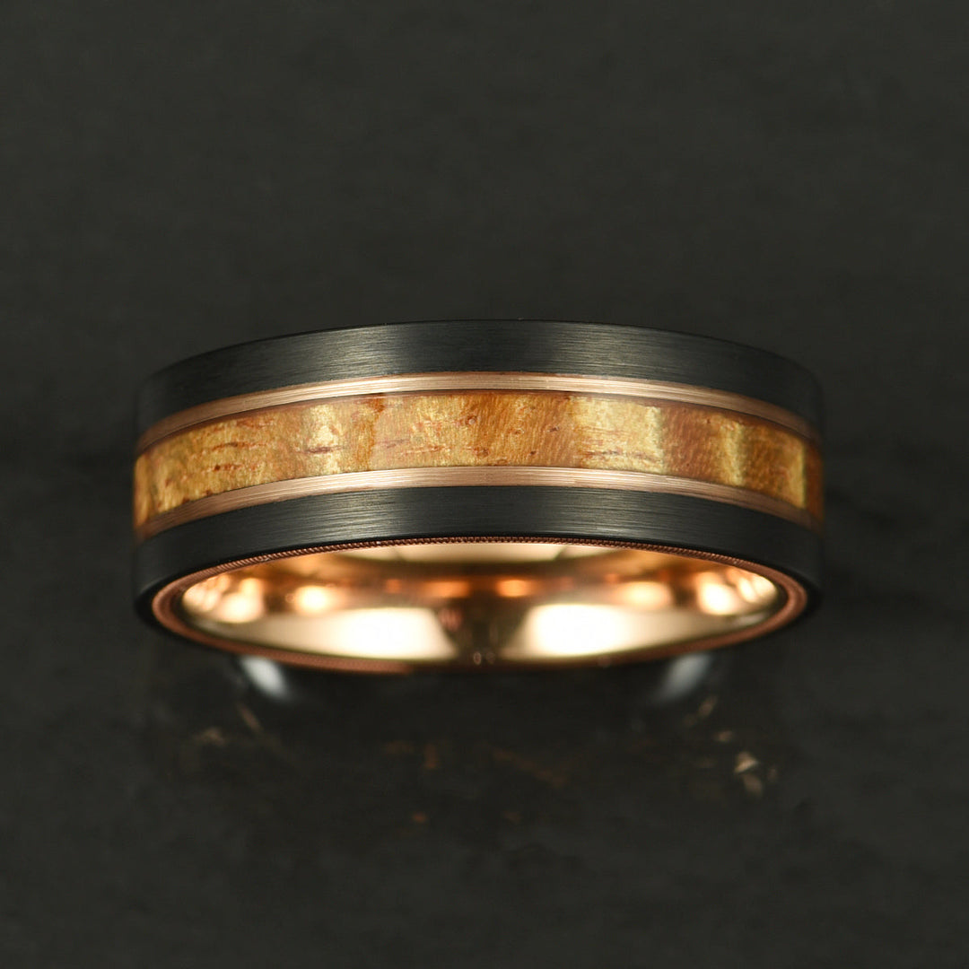 Hawaiian Koa Wood & Guitar String Black & Rose Tungsten Mens Wedding Ring 8MM - Rings By Pristine