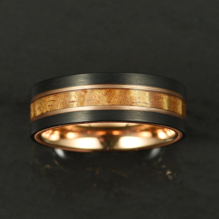 Hawaiian Koa Wood & Guitar String Black & Rose Tungsten Mens Wedding Ring 8MM - Rings By Pristine