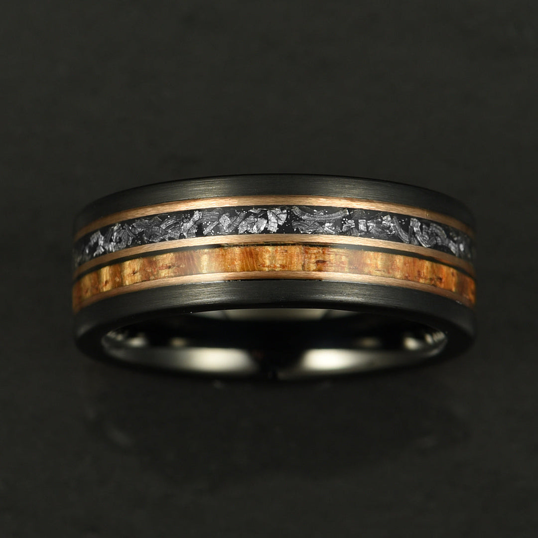 Hawaiian Koa Wood & Meteorite Black Tungsten Mens Wedding Band 8MM - Rings By Pristine