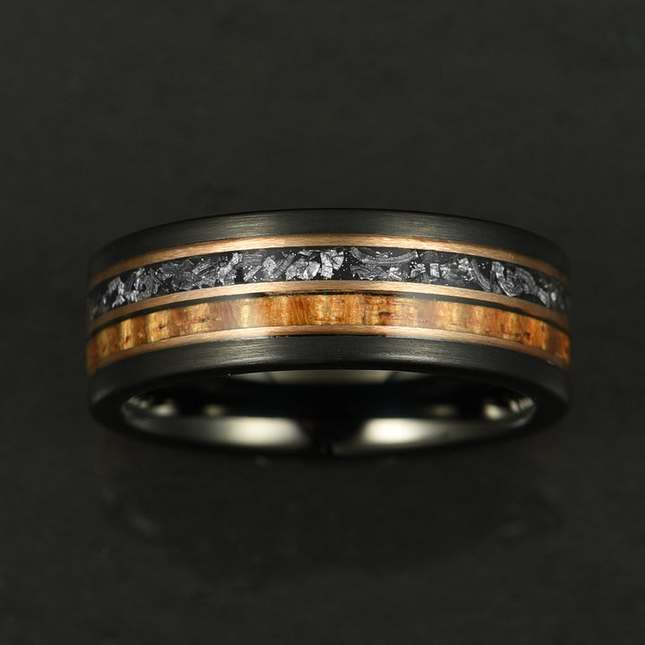 Hawaiian Koa Wood & Meteorite Black Tungsten Mens Wedding Band 8MM - Rings By Pristine