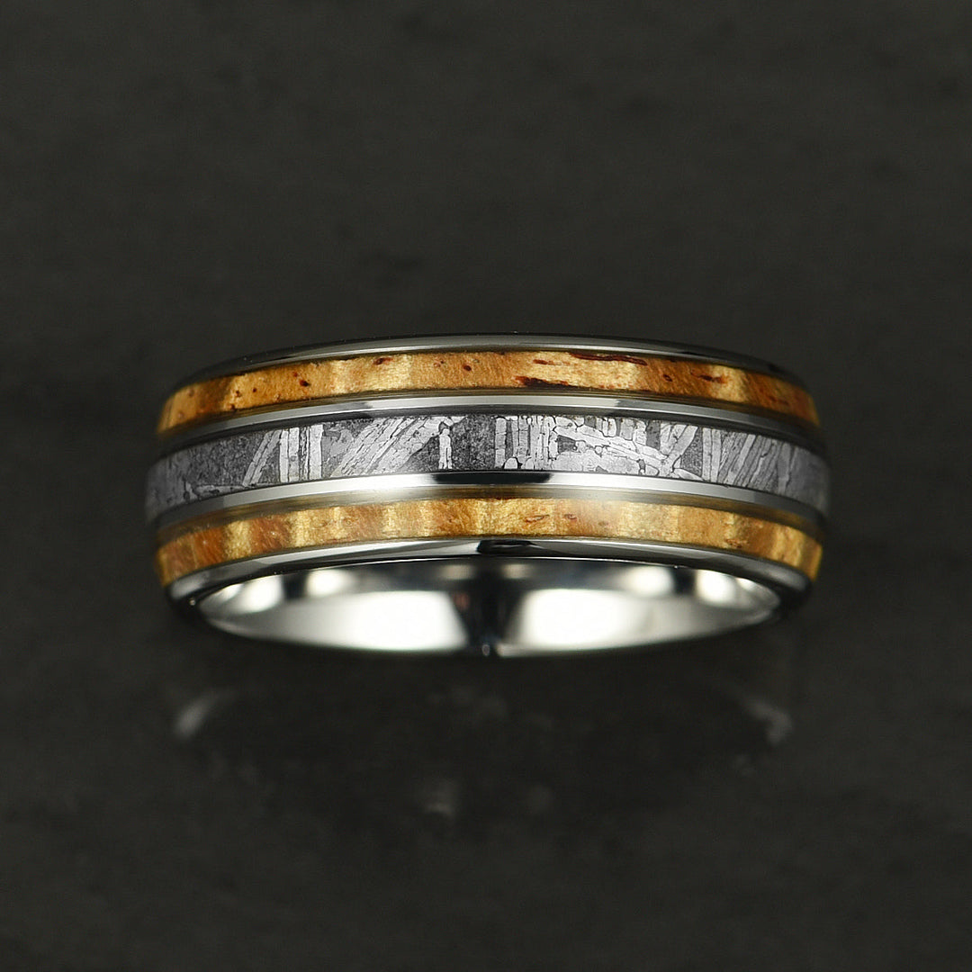 Hawaiian Koa Wood & Meteorite Tungsten Mens Wedding Ring 8MM - Rings By Pristine