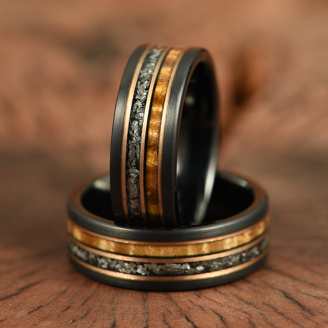 Hawaiian Koa Wood & Meteorite Black Tungsten Mens Wedding Band 8MM - Rings By Pristine
