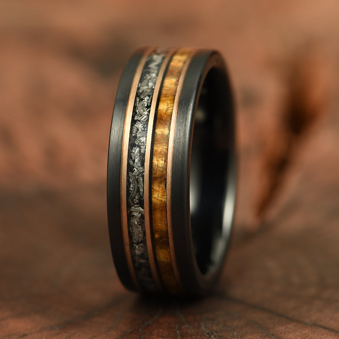 Hawaiian Koa Wood & Meteorite Black Tungsten Mens Wedding Band 8MM - Rings By Pristine