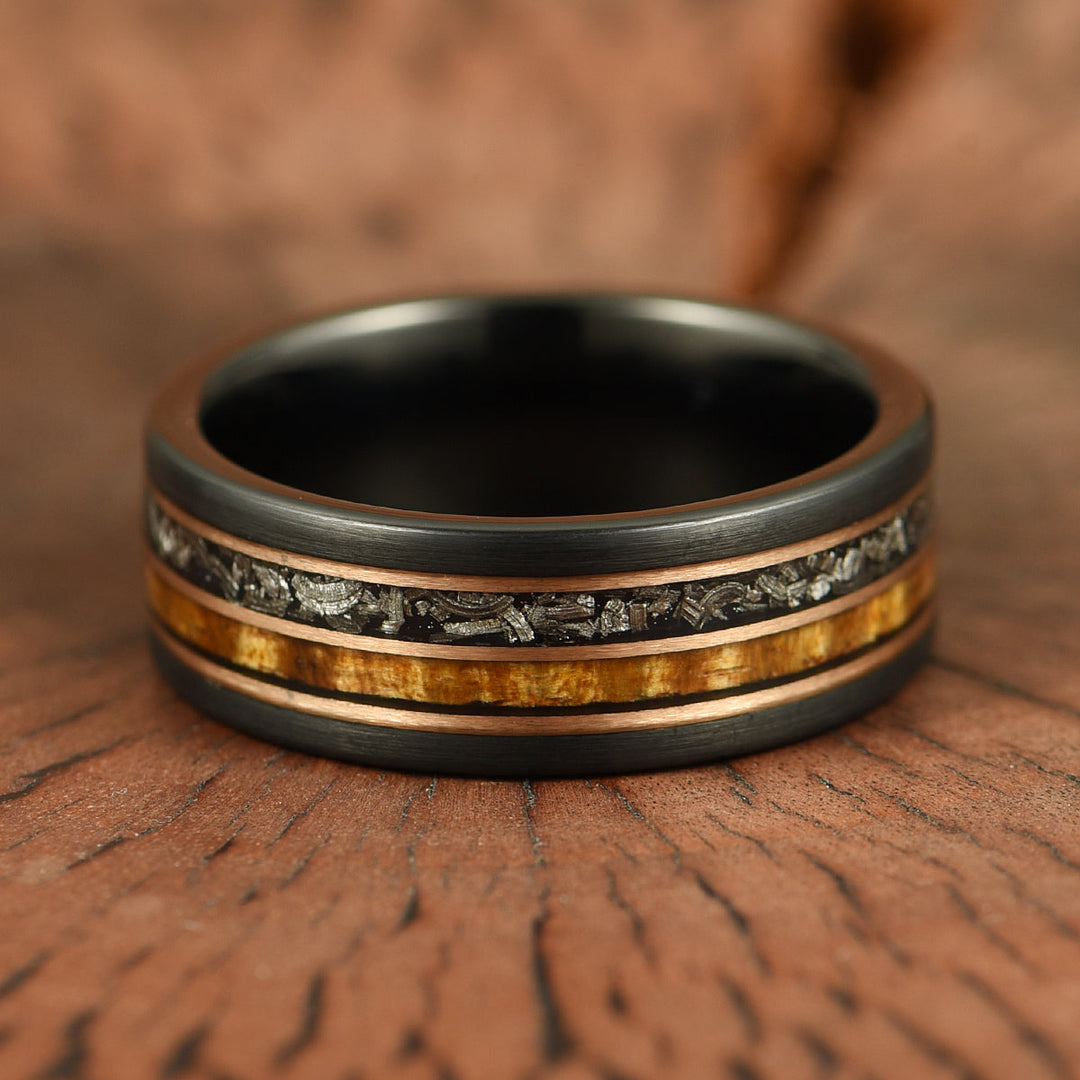 Hawaiian Koa Wood & Meteorite Black Tungsten Mens Wedding Band 8MM - Rings By Pristine