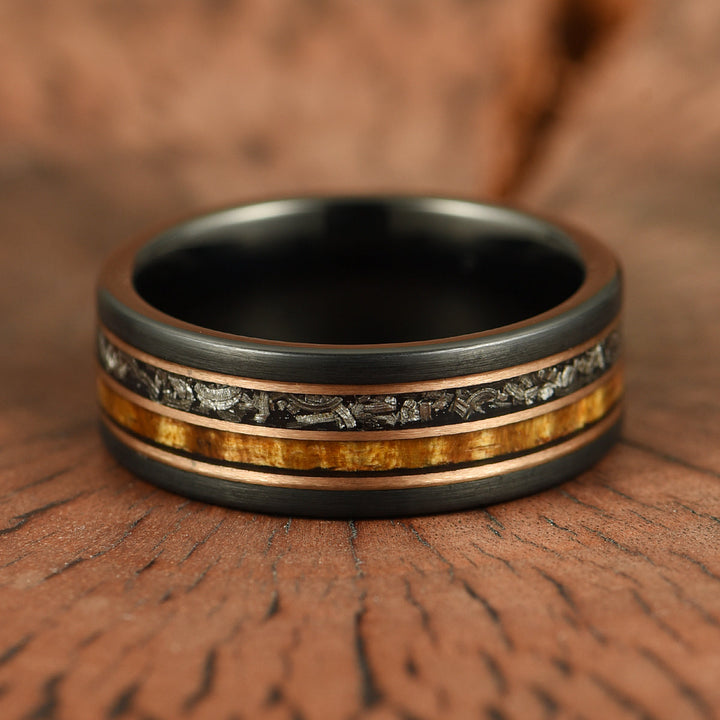 Hawaiian Koa Wood & Meteorite Black Tungsten Mens Wedding Band 8MM - Rings By Pristine