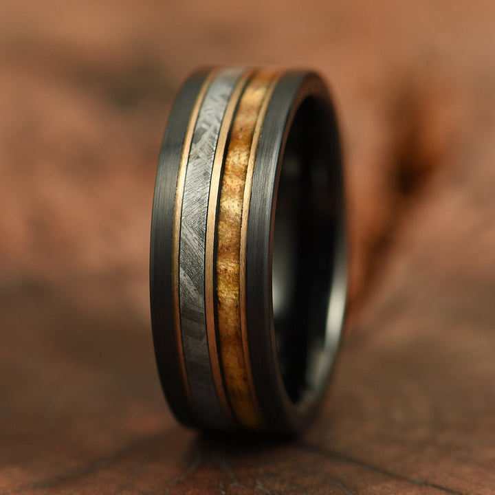 Hawaiian Koa Wood & Meteorite Black Tungsten Mens Wedding Band 8MM