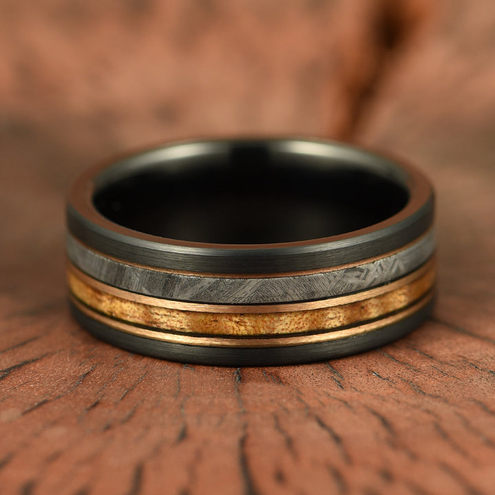 Hawaiian Koa Wood & Meteorite Black Tungsten Mens Wedding Band 8MM