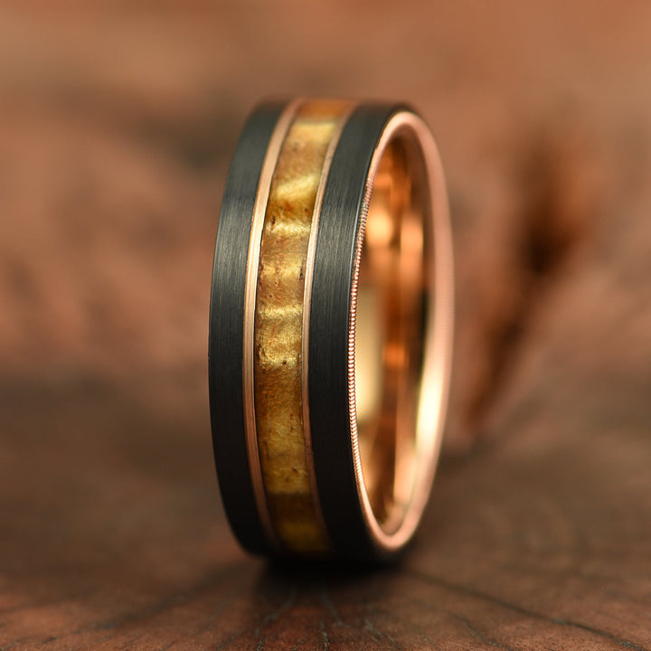 Hawaiian Koa Wood & Guitar String Black & Rose Tungsten Mens Wedding Ring 8MM - Rings By Pristine