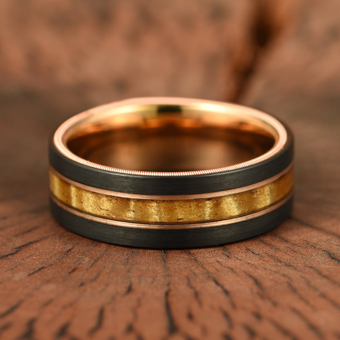 Hawaiian Koa Wood & Guitar String Black & Rose Tungsten Mens Wedding Ring 8MM - Rings By Pristine