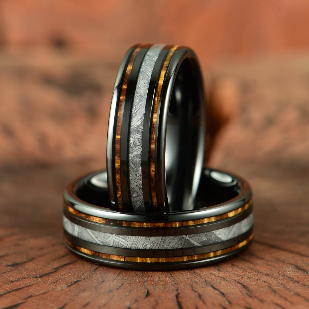 Hawaiian Koa Wood & Meteorite Black Tungsten Mens Wedding Band 8MM