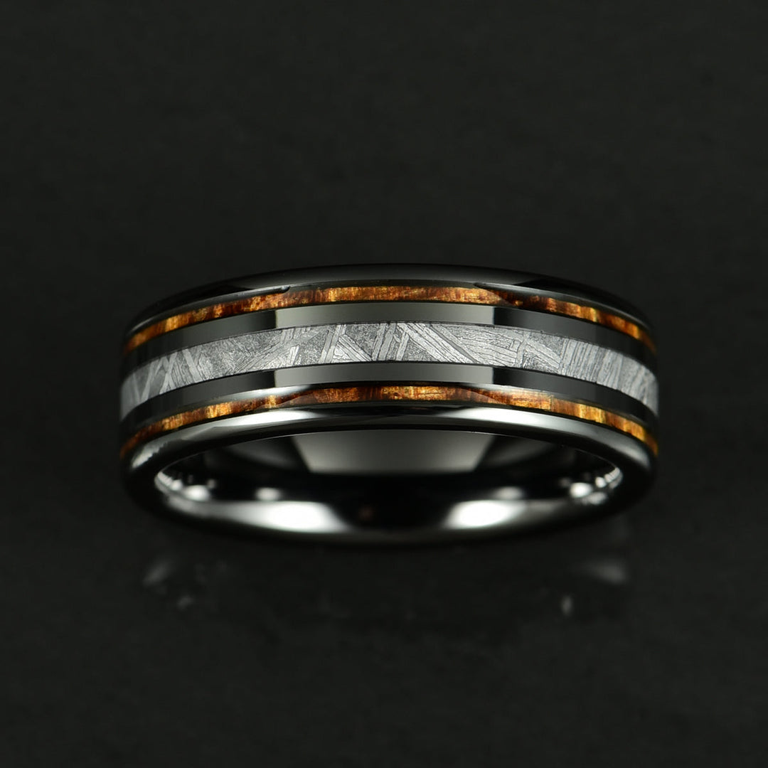 Hawaiian Koa Wood & Meteorite Black Tungsten Mens Wedding Band 8MM