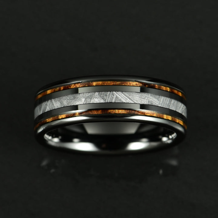 Hawaiian Koa Wood & Meteorite Black Tungsten Mens Wedding Band 8MM