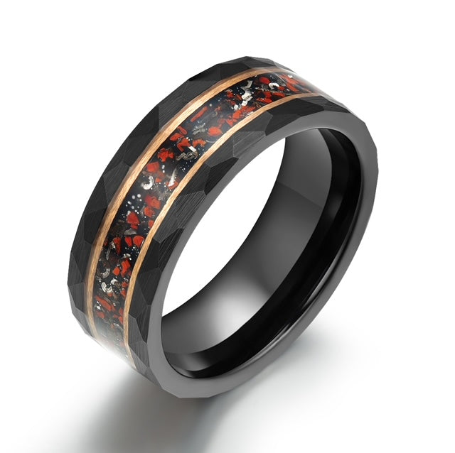Black Hammered Tungsten Dinosaur Bone and Meteorite Men's Wedding Band 8MM - Rings By Pristine