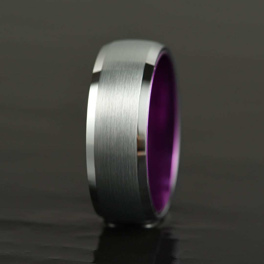 Pristine Passion Purple  Interior Silver Tungsten Wedding Band 8MM - Rings By Pristine