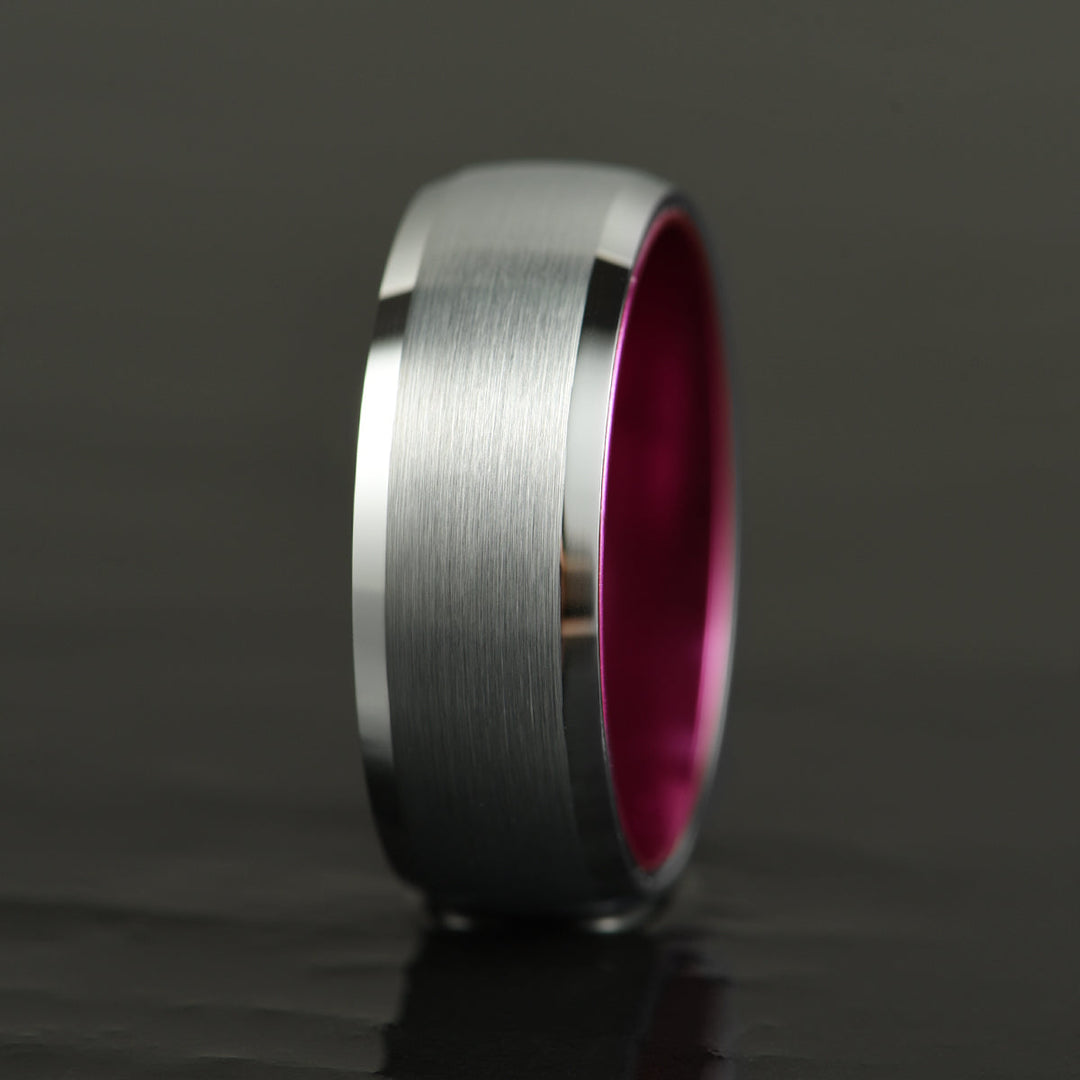 Pristine Passion Fuchsia Interior Silver Tungsten Wedding Band 8MM - Rings By Pristine