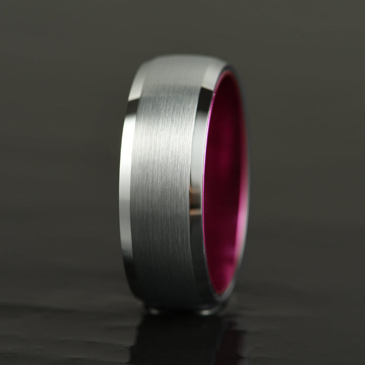 Pristine Passion Fuchsia Interior Silver Tungsten Wedding Band 8MM - Rings By Pristine