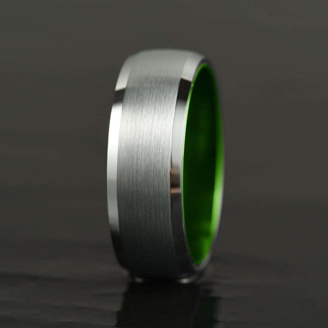 Pristine Passion Green Interior Silver Tungsten Wedding Band 8MM - Rings By Pristine