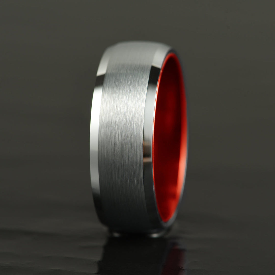Pristine Passion Red Interior Silver Tungsten Wedding Band 8MM - Rings By Pristine