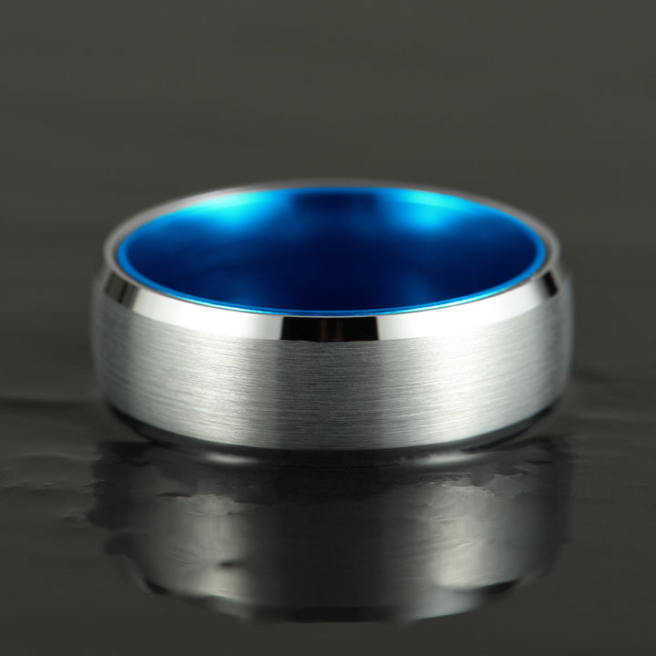 Pristine Passion Blue Interior Silver Tungsten Wedding Band 8MM - Rings By Pristine