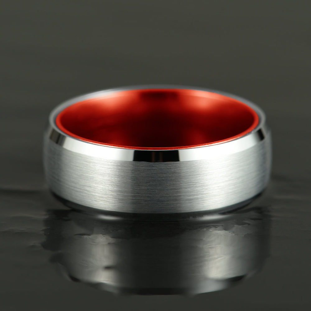Pristine Passion Red Interior Silver Tungsten Wedding Band 8MM - Rings By Pristine